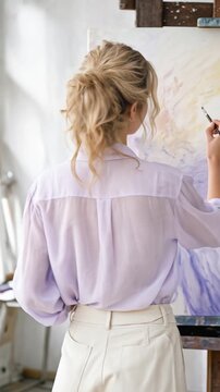 Young woman artist in a bright studio, holding a paintbrush and color palette before a large canvas. The sunlit workspace exudes a creative and inspiring artistic mood