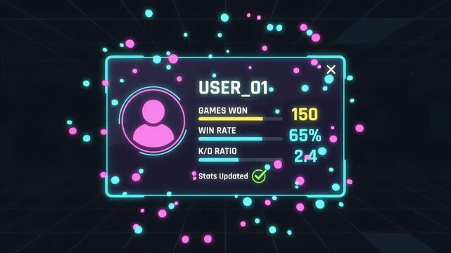 digital player profile dashboard showing game statistics displayed on futuristic floating interface set against dark abstract grid background in virtual gaming environment