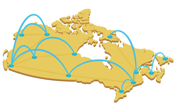 3D illustration symbolizing Canadian domestic transport, flight connections, supply chain logistics, and telecom internet network lines on a golden map of Canada (cut out)