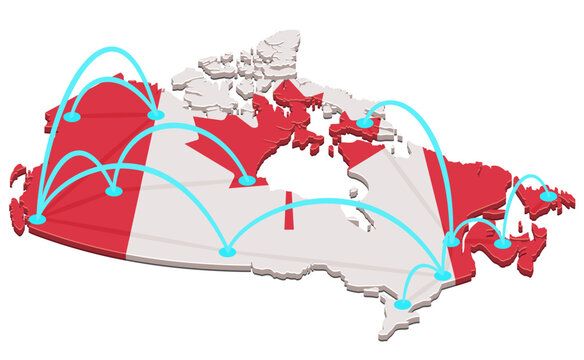 3D illustration symbolizing Canadian domestic transport, flight connections, supply chain logistics, and telecom internet network lines on the national map of Canada (cut out)
