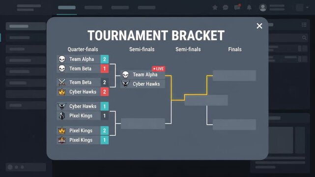 Digital tournament bracket interface showing competitive match progress displayed within software dashboard overlay on dark-themed user interface screen