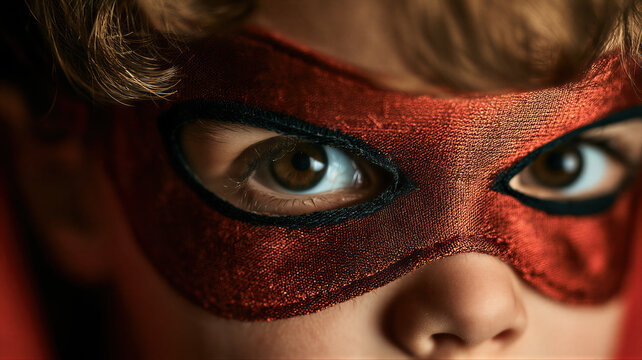 Close up of child wearing a red masquerade mask and looking at camera. Carnival costume and disguise concept. Childhood imagination and playful identity. Dramatic portrait detail.