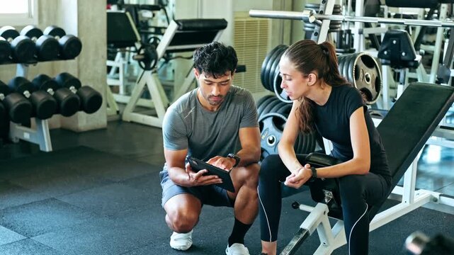 Personal trainer consulting a client by a weight bench in a gym, reviewing a workout plan on a tablet among dumbbells and machines