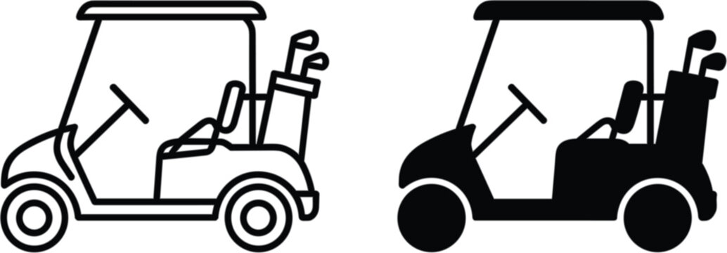 Golf cart vehicle icons set, sport buggy with clubs bag vector illustration isolated