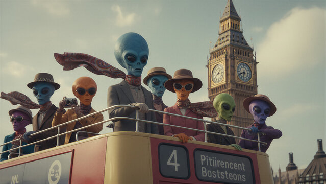 Group of extraterrestrials riding a tour bus in London. Aliens wearing clothes sightseeing near Big Ben. Science fiction concept of visitors exploring city. Paranormal tourist travel.
