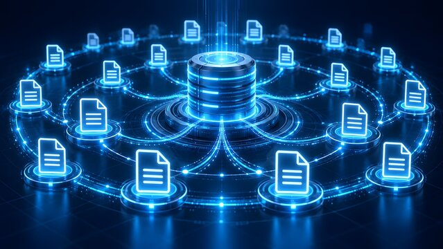 Centralized database management and file storage network with glowing document icons connected to central server cylinder hub