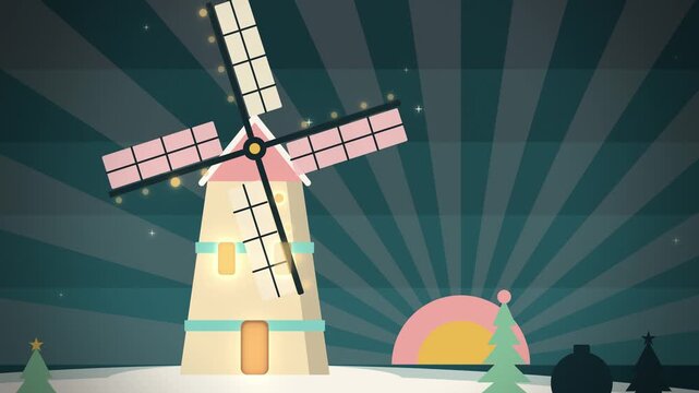 Retro mid century christmas windmill with string lights angled view