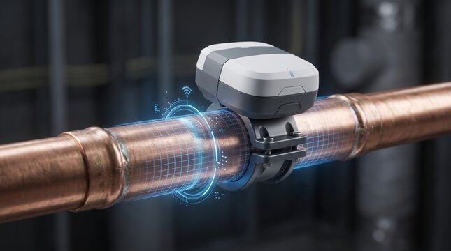 Smart water meter sensor attached to a copper pipe with digital overlay