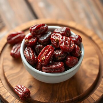 Fresh red dates in white bowl on wooden board traditional Xinjiang dried fruit cooking ingredients, ||white, arrangement