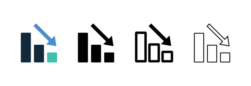 Bar chart with downward arrow showing business decline and financial loss icon set