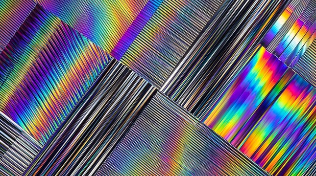 Holographic metal texture with iridescent light reflections on ribbed panels and linear geometric