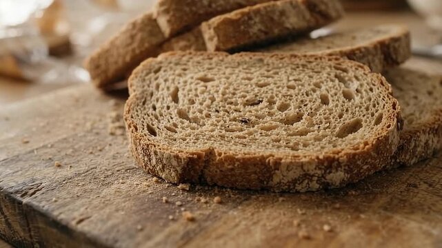 Freshly sliced whole wheat bread on a rustic wooden cutting board close