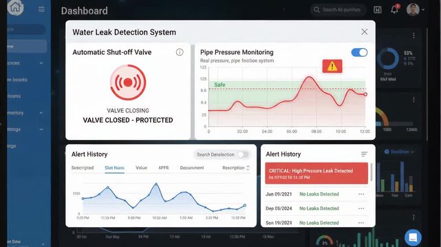 Digital dashboard displaying secure water leak detection system with pressure monitoring graphs and alert history logs set against dark background with additional analytical data charts