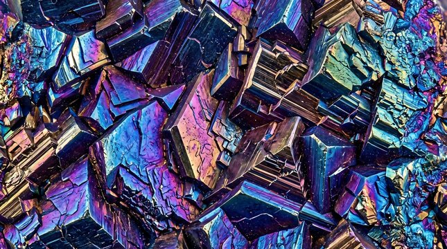 Iridescent pyrite mineral cluster texture with metallic purple and blue cubic crystal formations