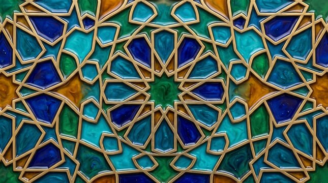 Islamic geometric mosaic pattern tile with gold borders and blue turquoise green glass inlays