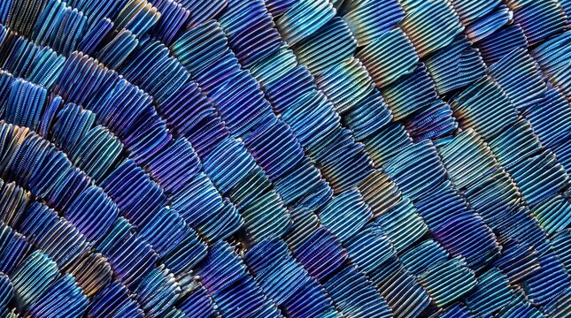 Macro view of morpho butterfly wing scales showing iridescent blue and rows of microscopic