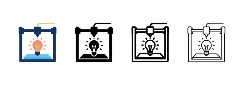 3D printer creating a lightbulb idea icon in various styles