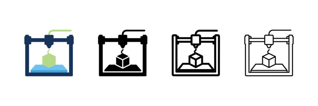 3D printer creating a cube icon in various styles