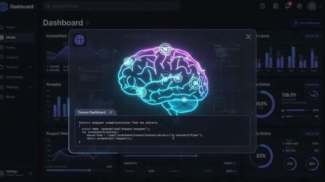 glowing digital brain icon appearing in user input window overlay set against dark modern analytics dashboard background featuring various statistical data visualizations and UI elements