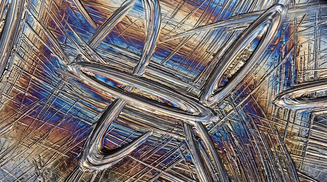 Microscopic view of chemical crystal structure with metallic luster and iridescent colors