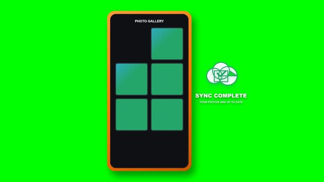 Premium 4K smartphone motion graphic animation showing photo thumbnail lifting and syncing to a cloud icon, which transforms into a success checkmark.