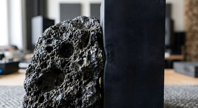 Close-up of rough basalt stone and matte acoustic damping polymer
