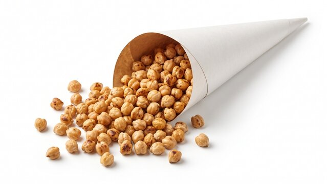 Delicious crispy roasted chickpeas spilling out from paper cone on white background