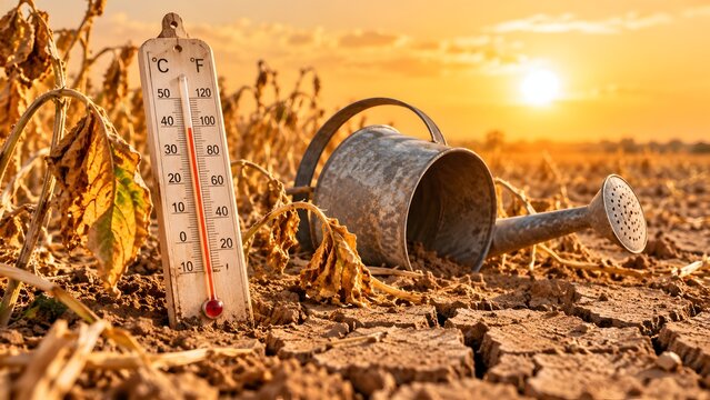 Agricultural drought and water shortage with thermometer in cracked soil beside empty metal watering can and wilted plants under scorching sunset