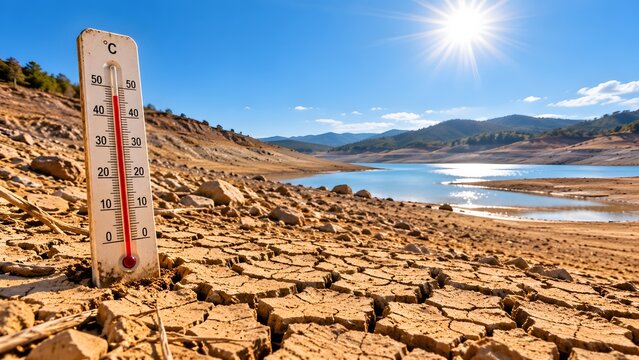 Water scarcity and severe drought concept featuring high temperature thermometer in dry cracked mud beside receding lake reservoir under hot summer sun