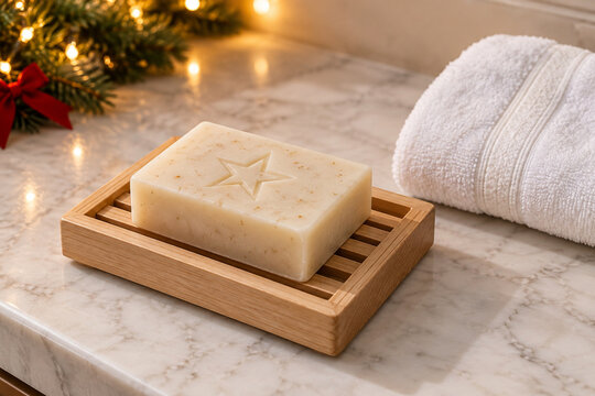 Festive Soap Bar: A handmade soap bar, embossed with a star, rests on a wooden soap dish next to a fluffy white towel and a festive Christmas garland with warm lights.