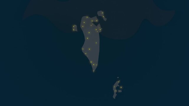 Bahrain Map at Night with Glowing City Lights in Different Regions, Bahraini Nighttime View