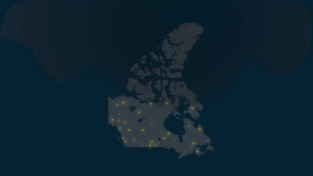 Map of Canada at Night Showing Glowing Urban Lights in Various Locations, Nighttime Canada View
