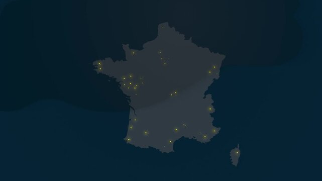 France Map at Night Showing Glowing Urban Lights in Various Locations