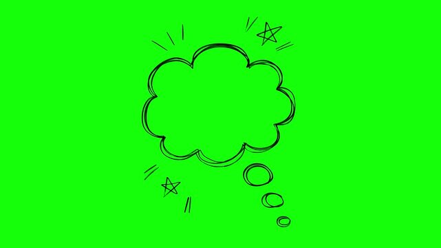 Black hand drawn sketch thought cloud bubble loop animation with stars isolated on green screen background. For dreaming, creative thinking, ideas, cartoon dialogue, and video editing overlays.