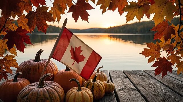 Autumn pumpkins and national flag on wooden dock by lake at sunset