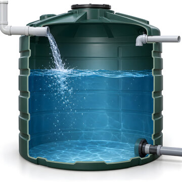 Cross section of a green plastic rainwater tank with water flowing inside and PVC pipes for residential sustainability
