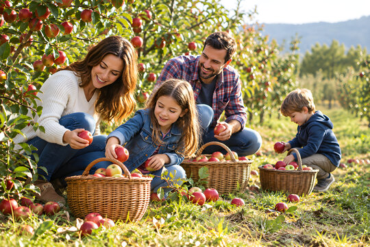 Happy family picking fresh red apples together in a sunny orchard harvest