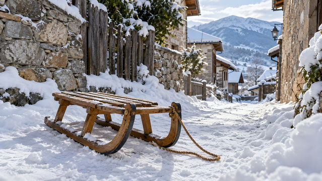 Vintage wooden sled on snowy alpine village alley during winter mountain vacation