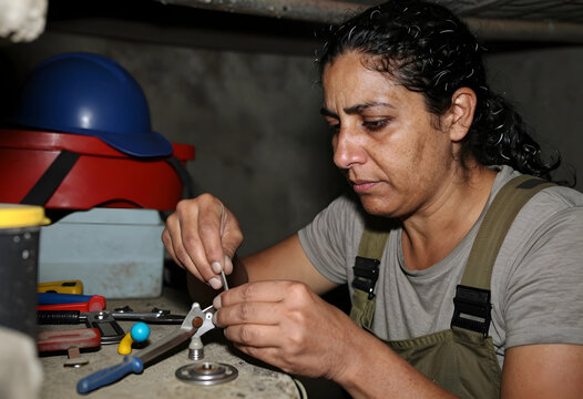 Skilled labor and industrial maintenance, female technician repairing mechanical equipment with precision tools in a workshop environment