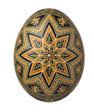 An intricately painted ornamental egg displays a colorful geometric star pattern on black