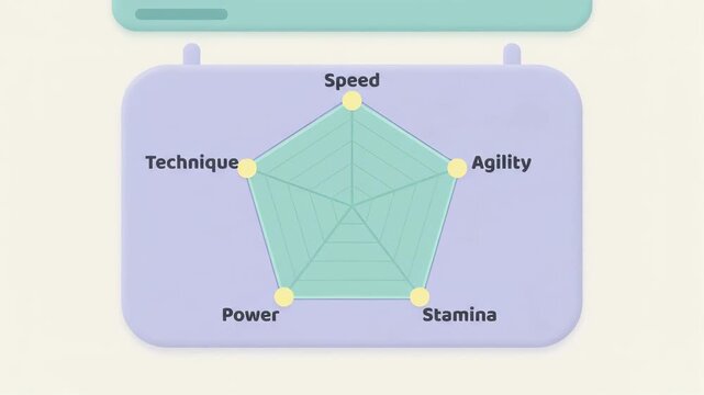 spider chart displays athletic performance metrics including speed agility stamina power and technique on digital interface against clean minimalist off-white background