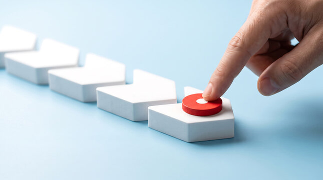 Hand pressing red button on a sequence of white switches against