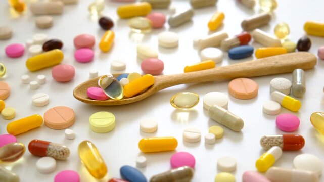 Various tablets and capsules, supplements and vitamins. Selective focus.