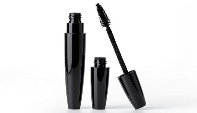 Isolated black mascara tube with wand for beauty product packaging and digital design