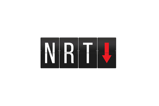 Airport flip clock board showing the destination code NRT with a red down arrow, symbolizing arrivals or a decline, set on a transparent background, conveying travel and airport information concepts