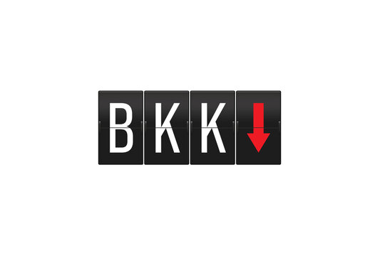 Airport split-flap display showing the BKK code for Suvarnabhumi airport in Bangkok. Thailand. With a red downward-pointing arrow indicating arrivals or a decline. Set against a transparent background