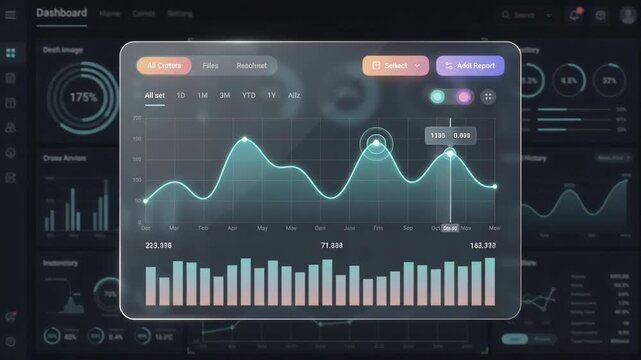 modern digital interface displaying financial performance charts and data analytics floating over dark professional dashboard background with various statistical graphs and information metrics