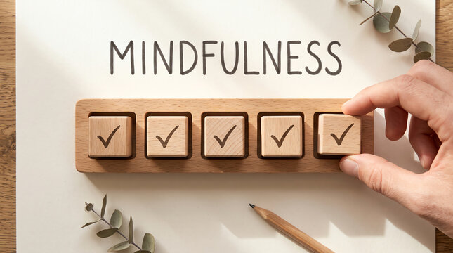 Mindfulness concept with wooden blocks and check marks representing mental wellbeing