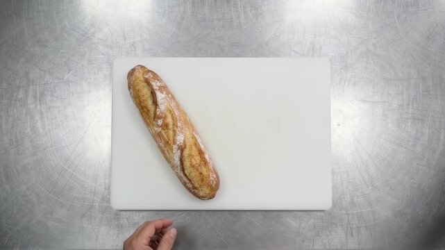 Top view of Chef arranging fresh artisan breads baguette and sourdough bread on white cutting board haccp