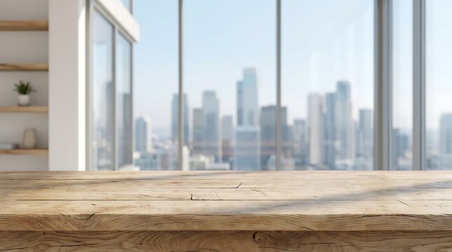 Empty wooden table top in bright sunny modern penthouse apartment interior with blurry tall skyscrapers visible through large glass windows overlooking metropolitan city skyline view